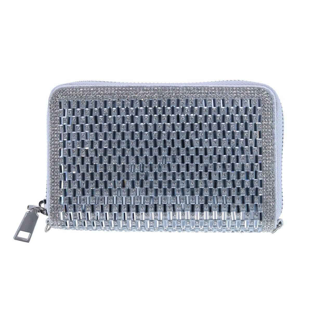 8919 Rhinestone Stud And Baguette Veagn Leather Pave Zipper Wallet, Silver